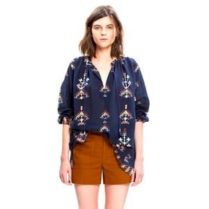 Madewell Marta Folkstitch Popover Peasant Boho 3/4 Sleeve Blouse Top